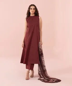 3 Piece - Embroidered Textured cotton Suit
