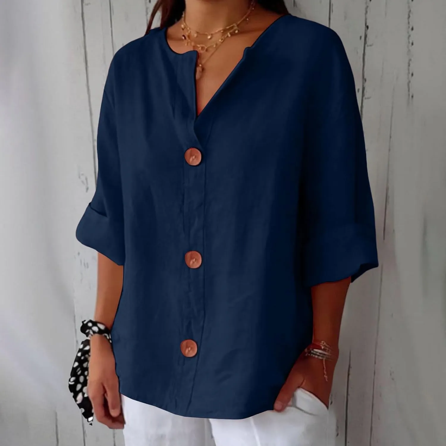 3/4 Sleeve Linen Shirts for Women 2025 Summer V Neck Loose Vacation Beach Blouses Casual Button Down Tunic Tops