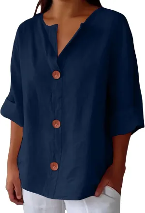 3/4 Sleeve Linen Shirts for Women 2025 Summer V Neck Loose Vacation Beach Blouses Casual Button Down Tunic Tops