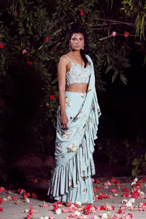 Aquamarineruffle saree