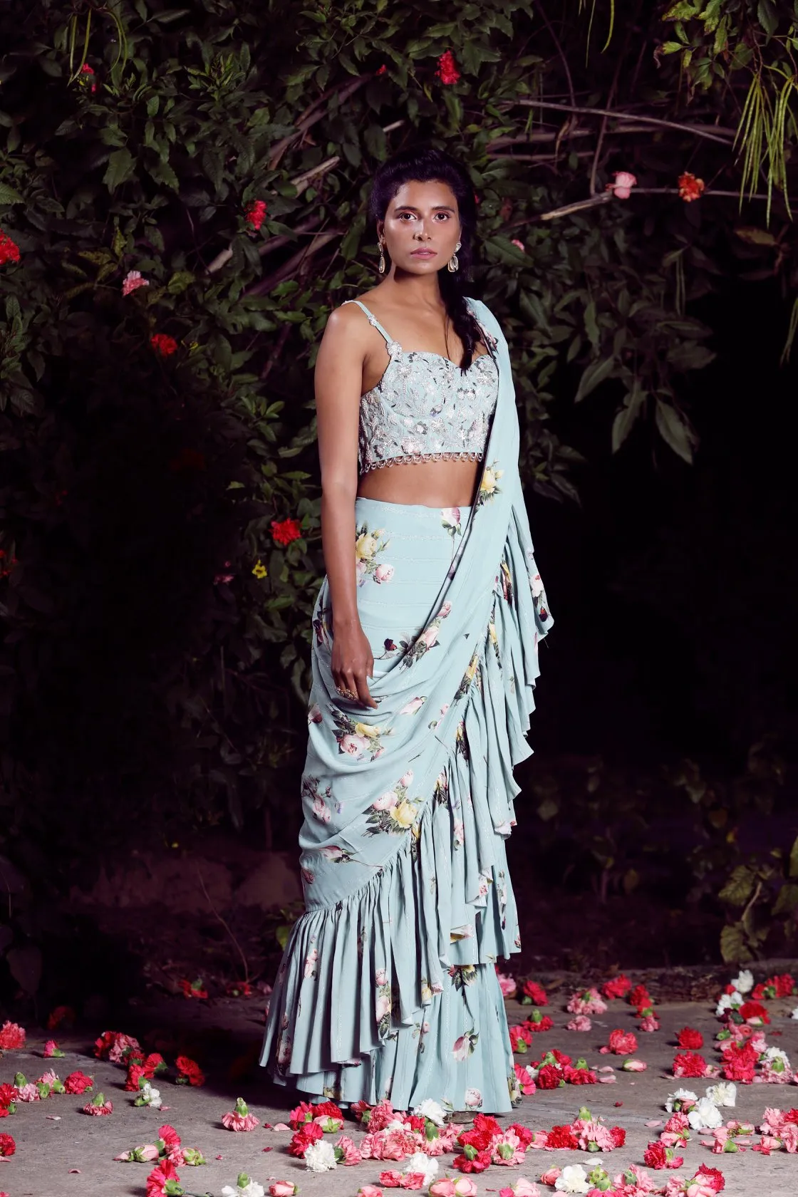 Aquamarineruffle saree