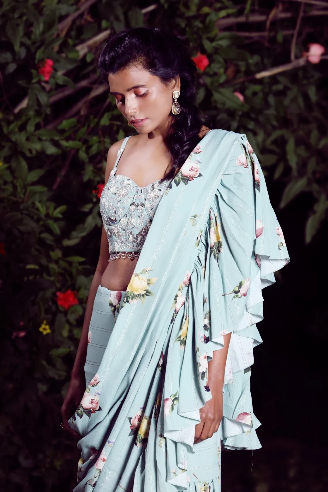 Aquamarineruffle saree