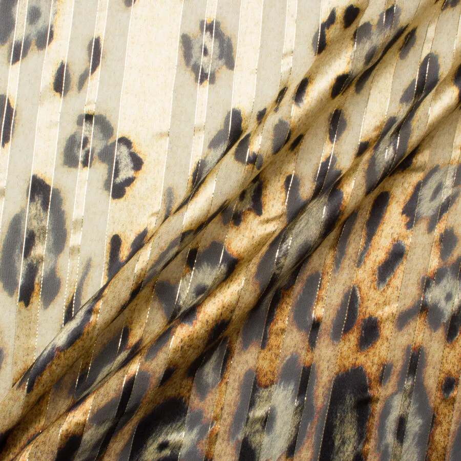 Beige & Brown Animal Print & Gold Lamé Silk