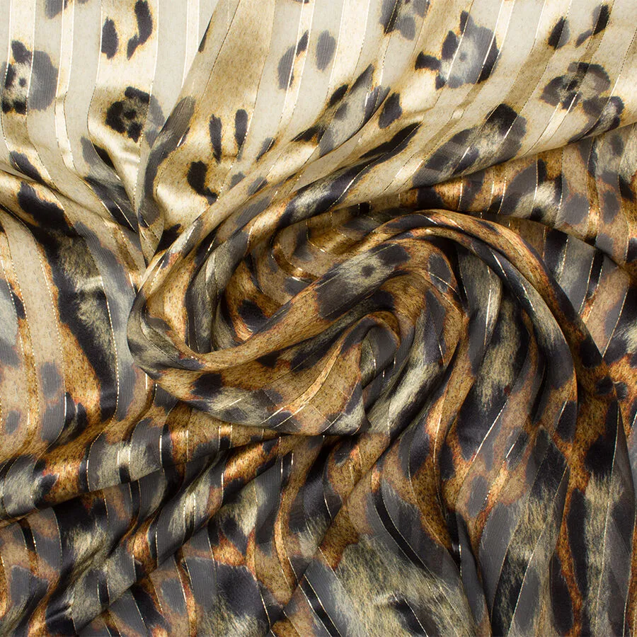 Beige & Brown Animal Print & Gold Lamé Silk