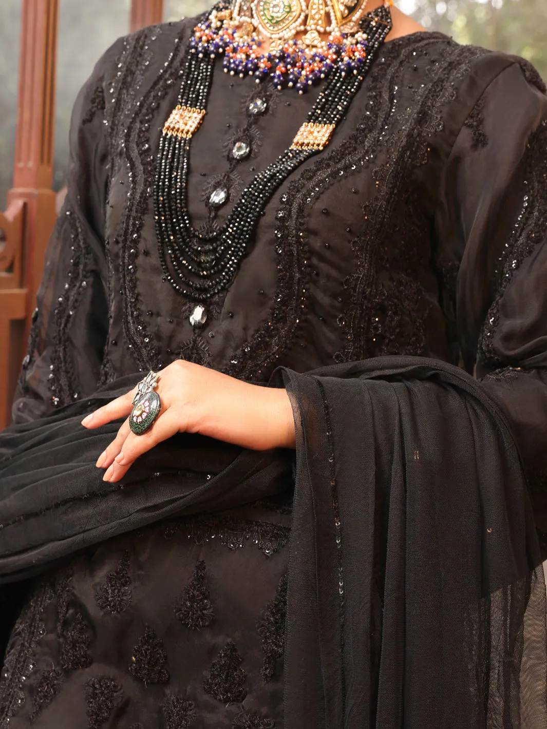 Black Organza 3 Piece Formal Unstitched - AL-3PS-LS-UN-393