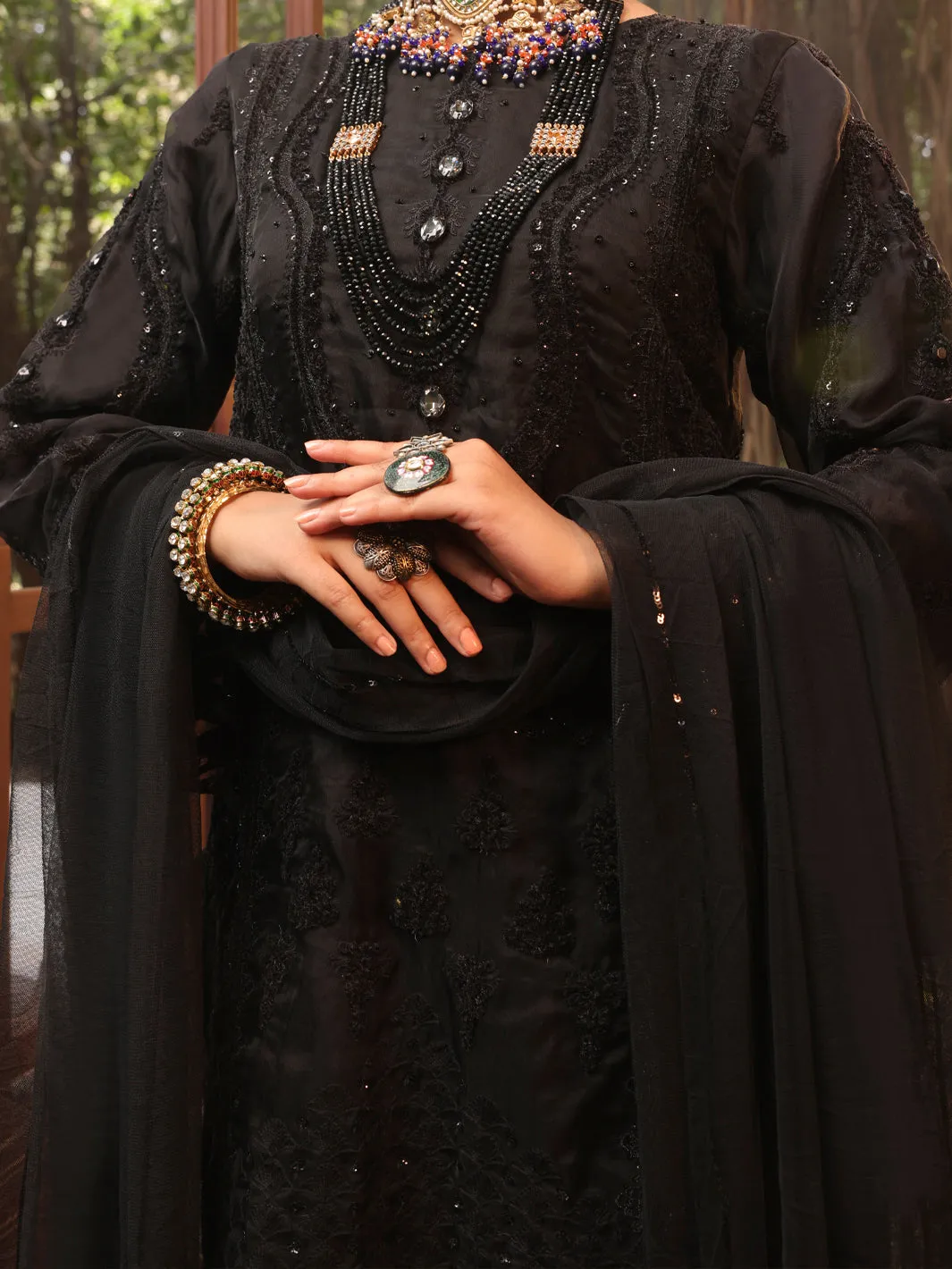 Black Organza 3 Piece Formal Unstitched - AL-3PS-LS-UN-393
