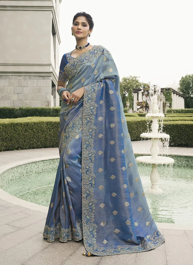 Blue Pure Tissue Silk Saree with Mirror-Zari Work