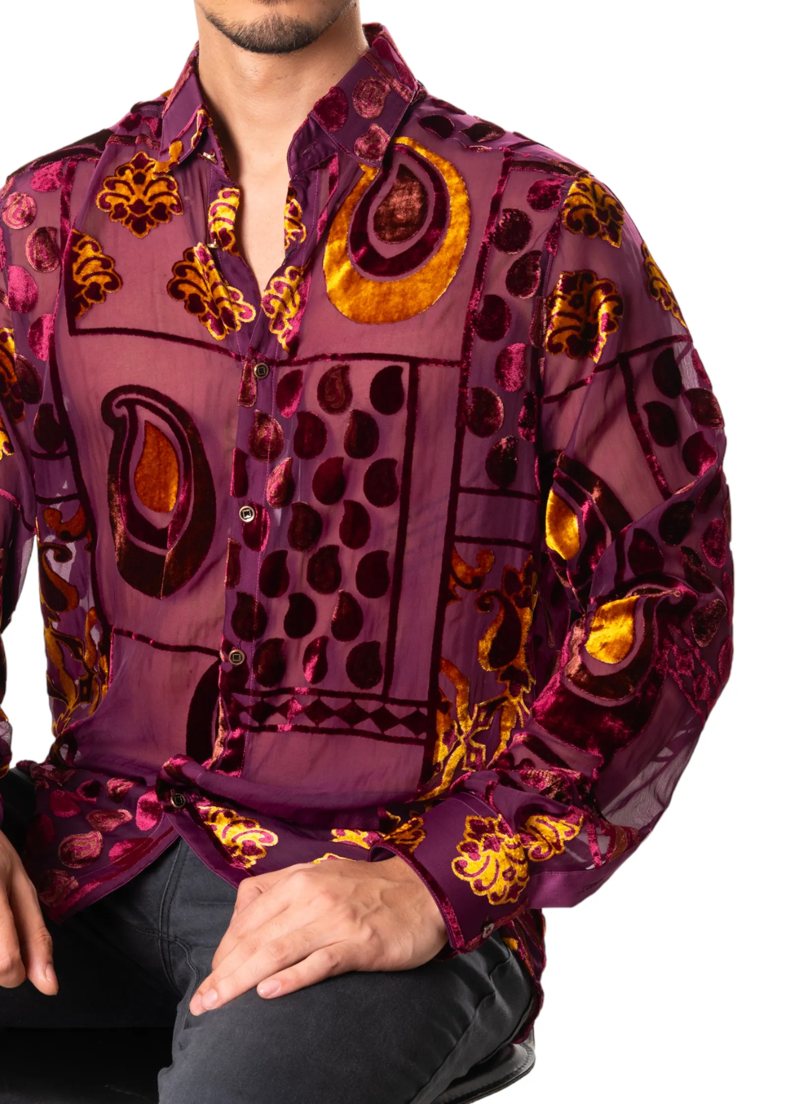 Burgundy Gold Baroque Velvet Shirt