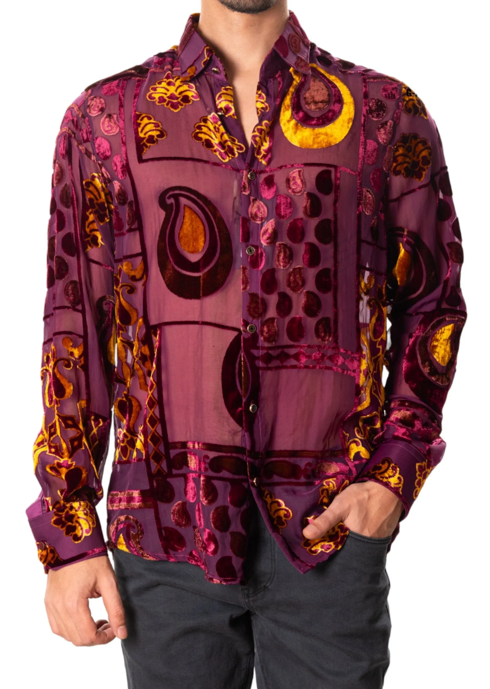 Burgundy Gold Baroque Velvet Shirt