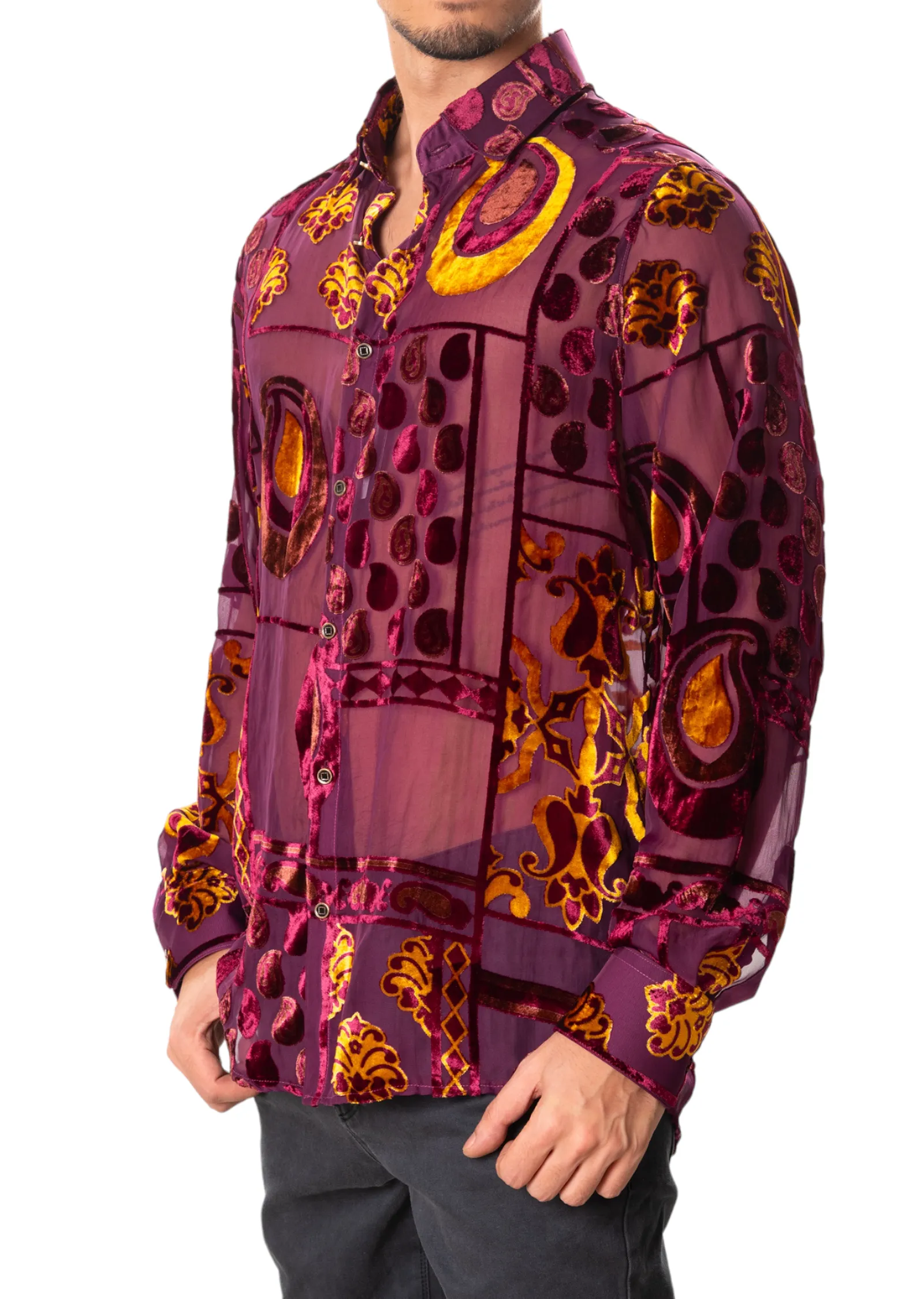 Burgundy Gold Baroque Velvet Shirt