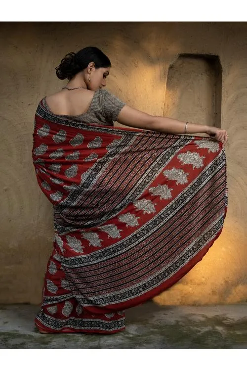 Classic Appeal. Bagru Hand Block Printed Modal Silk Saree - Red Paisleys