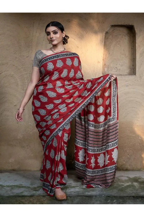 Classic Appeal. Bagru Hand Block Printed Modal Silk Saree - Red Paisleys