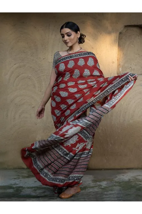 Classic Appeal. Bagru Hand Block Printed Modal Silk Saree - Red Paisleys