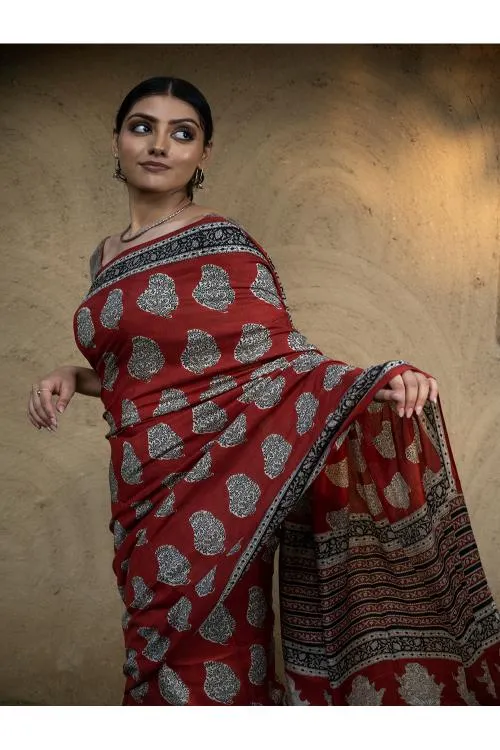 Classic Appeal. Bagru Hand Block Printed Modal Silk Saree - Red Paisleys