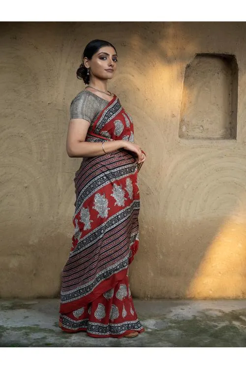 Classic Appeal. Bagru Hand Block Printed Modal Silk Saree - Red Paisleys