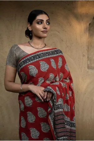 Classic Appeal. Bagru Hand Block Printed Modal Silk Saree - Red Paisleys