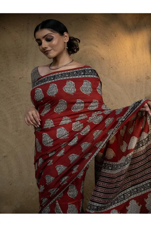 Classic Appeal. Bagru Hand Block Printed Modal Silk Saree - Red Paisleys