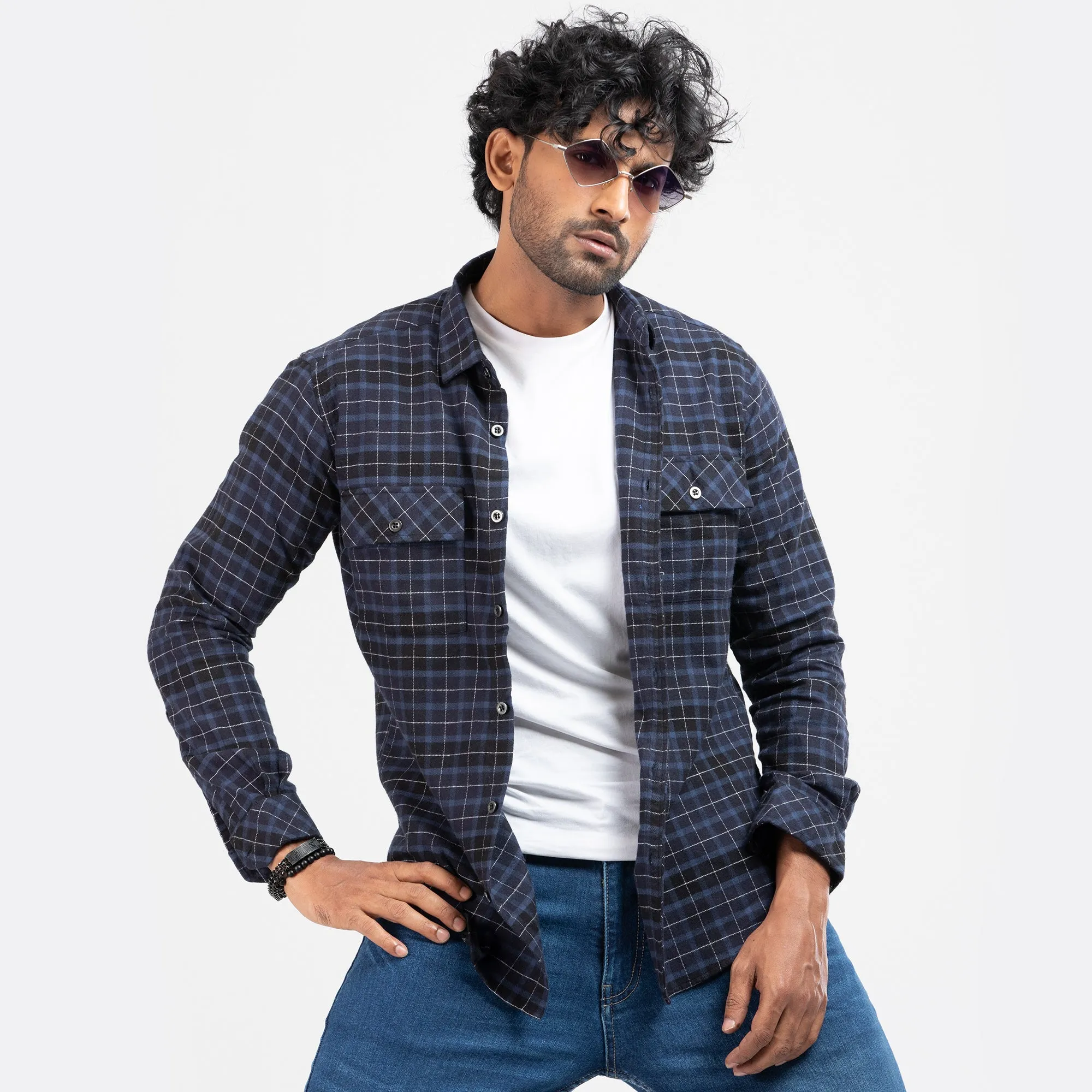 Cozy Long Sleeve Flannel Shirt - Navy