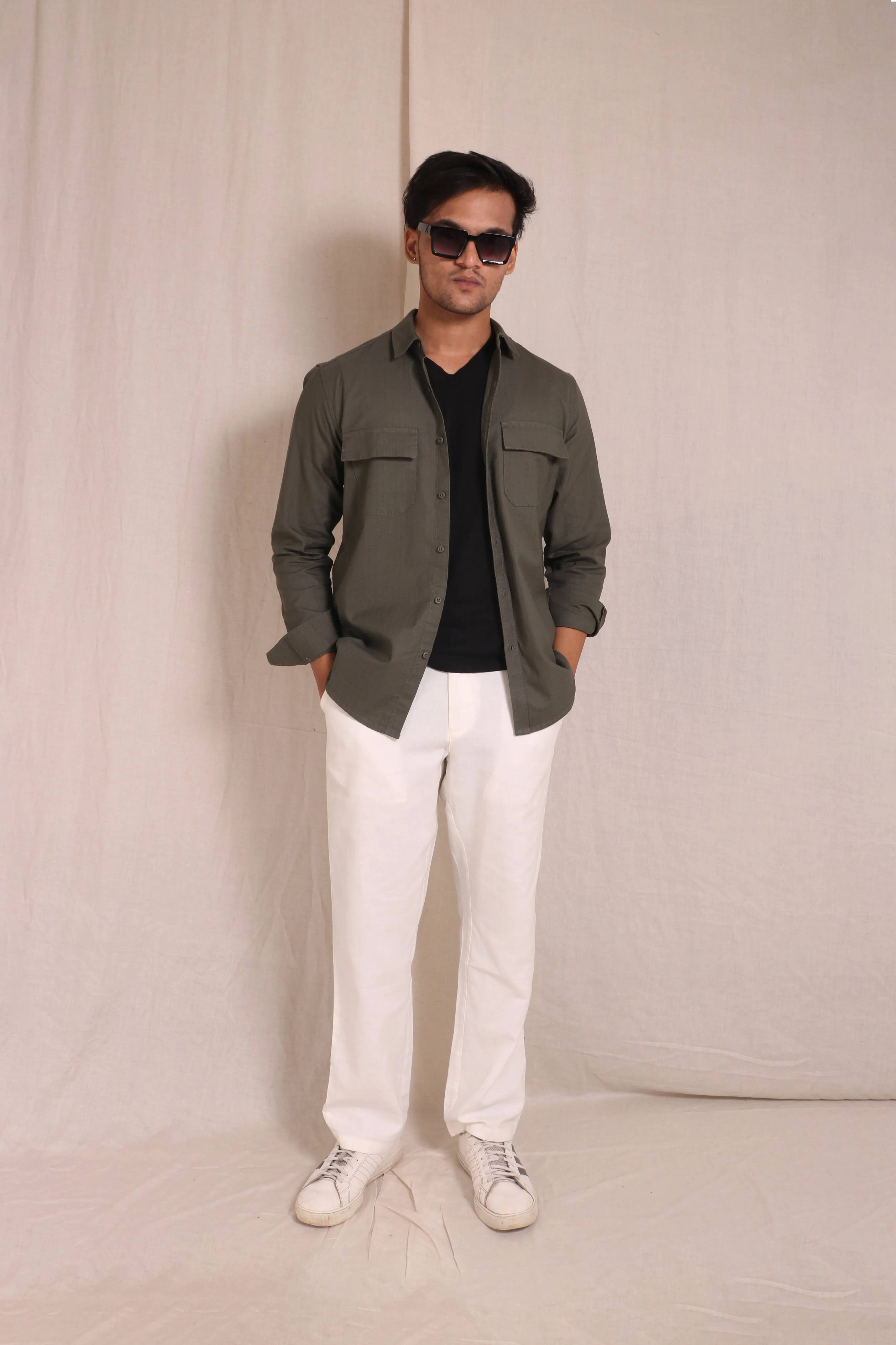 DARK GREEN TEXTURED REGULAT FIT SHIRT/ OVERSHIRT