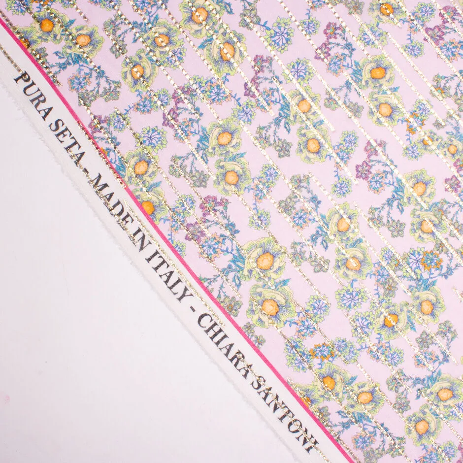 Delicate Floral Printed Soft Pink Metallic Silk Georgette