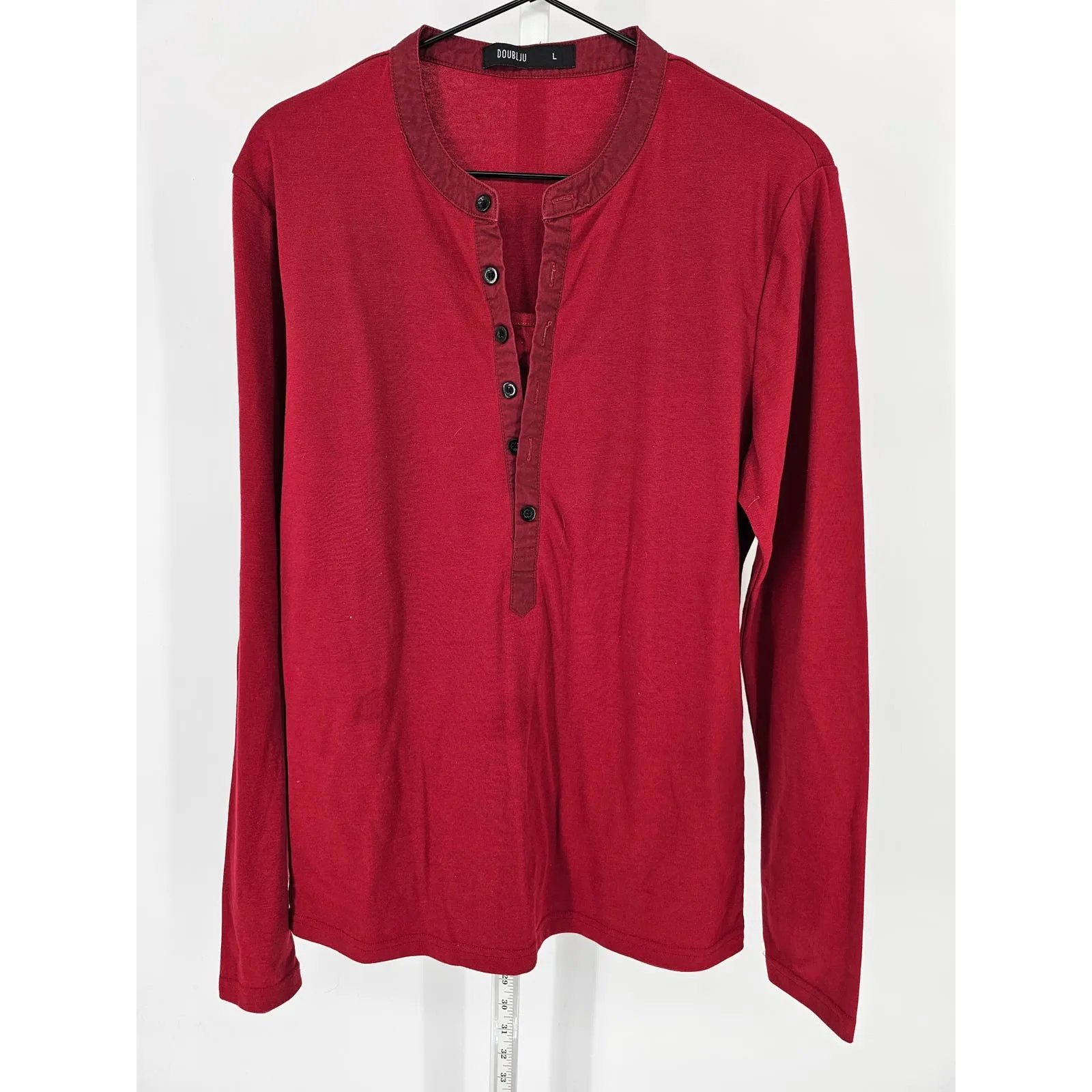 Doublju Mens Sz L Long Sleeve Henley Style T Shirt Solid Red Button Up