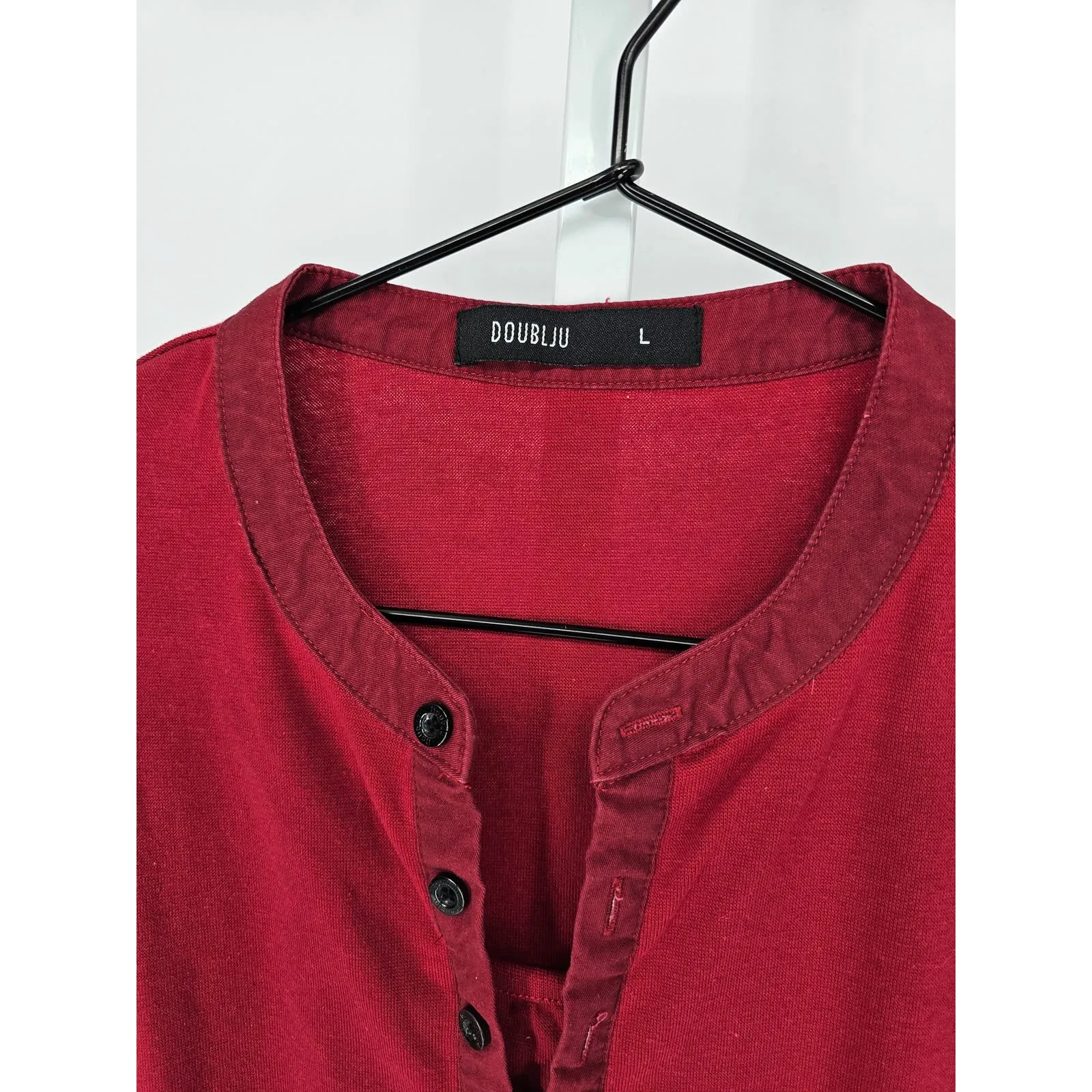 Doublju Mens Sz L Long Sleeve Henley Style T Shirt Solid Red Button Up