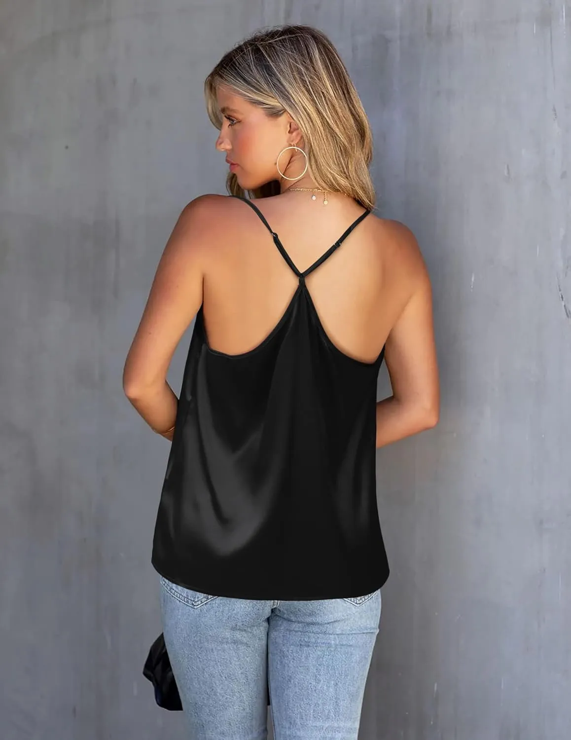 Ekouaer Silk Tank Top for Women Mesh V Neck Satin Camisole Silky Sleeveless Tank Cami Shirt