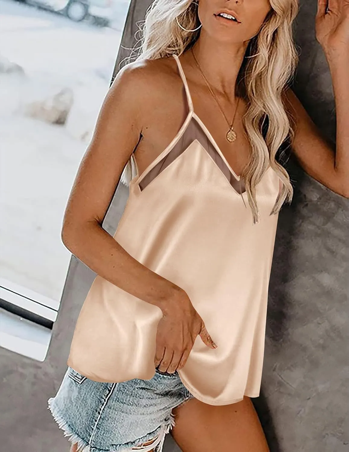 Ekouaer Silk Tank Top for Women Mesh V Neck Satin Camisole Silky Sleeveless Tank Cami Shirt