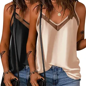 Ekouaer Silk Tank Top for Women Mesh V Neck Satin Camisole Silky Sleeveless Tank Cami Shirt