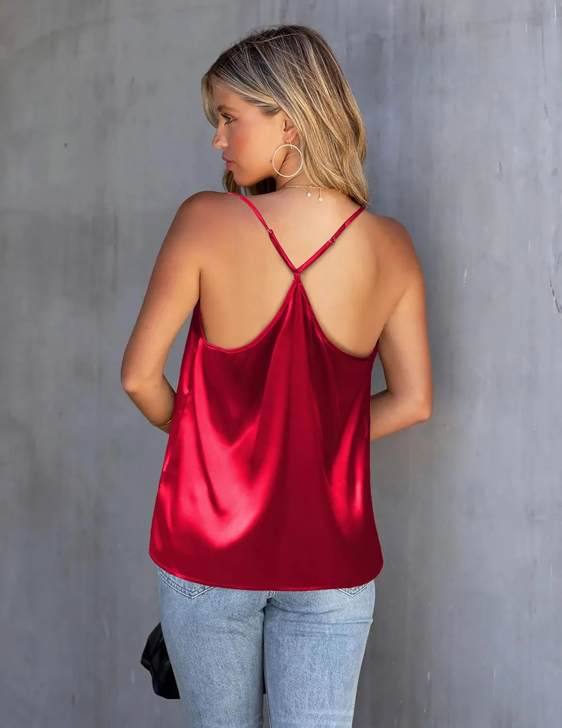 Ekouaer Silk Tank Top for Women Mesh V Neck Satin Camisole Silky Sleeveless Tank Cami Shirt
