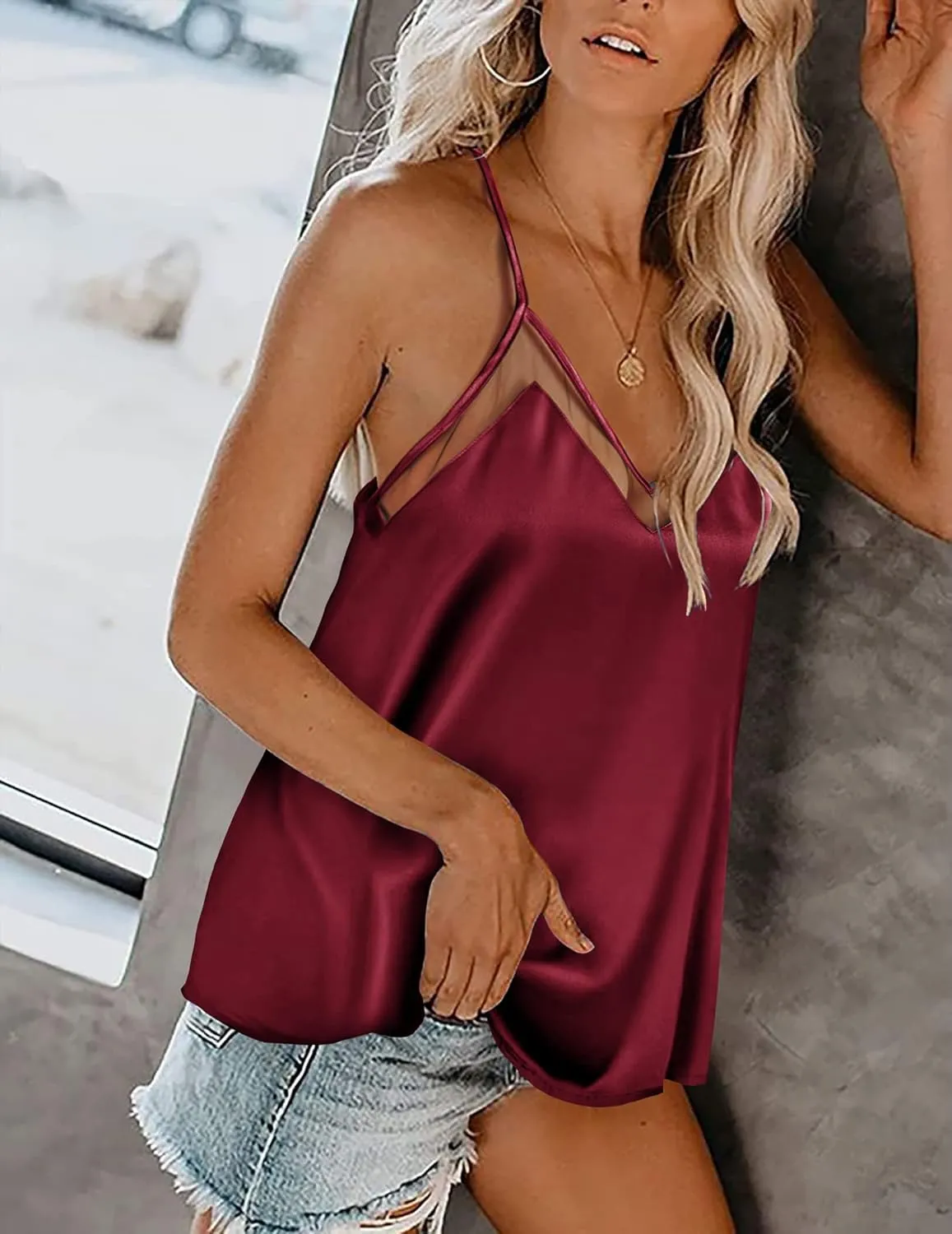 Ekouaer Silk Tank Top for Women Mesh V Neck Satin Camisole Silky Sleeveless Tank Cami Shirt