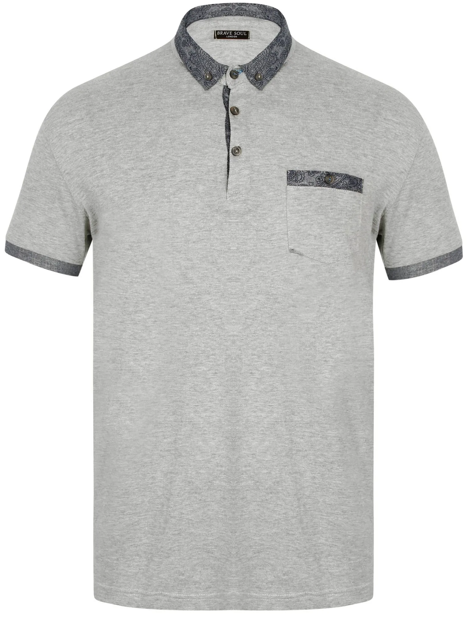 Gill Polo Shirt with Paisley Trim in Light Grey Marl