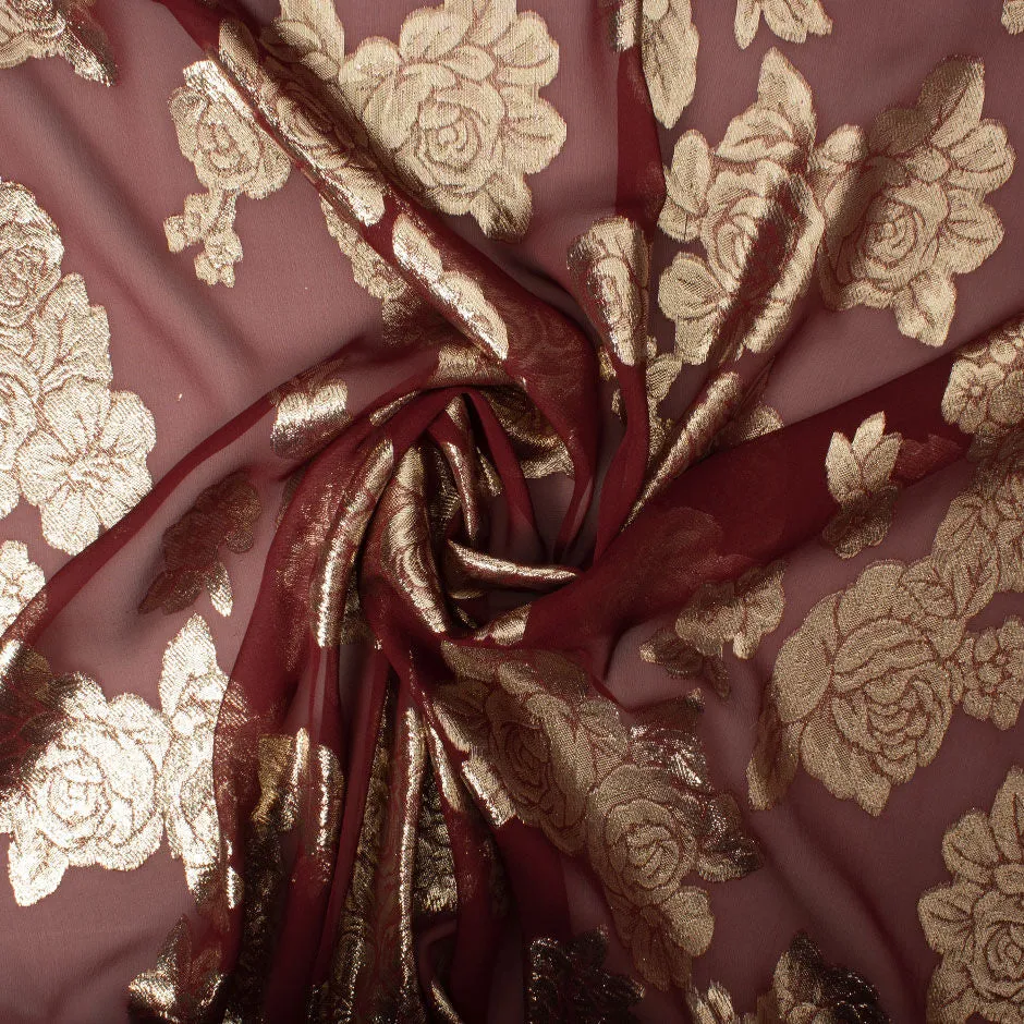 Gold Metallic Floral Maroon Silk Chiffon Jacquard (A 3.35m Piece)