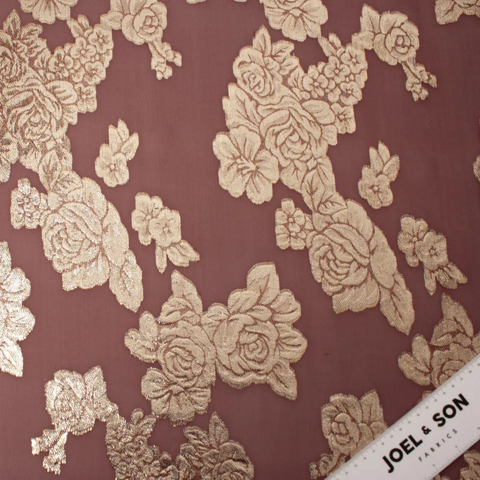 Gold Metallic Floral Maroon Silk Chiffon Jacquard (A 3.35m Piece)