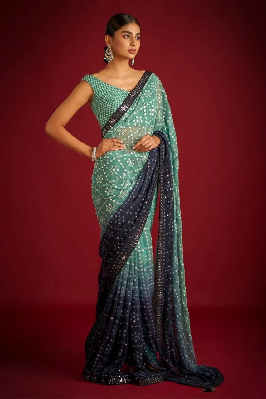 Green Faux Georgette Saree with Heavy Banglory Silk Blouse