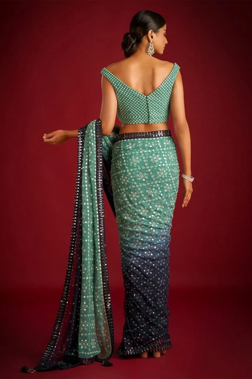 Green Faux Georgette Saree with Heavy Banglory Silk Blouse