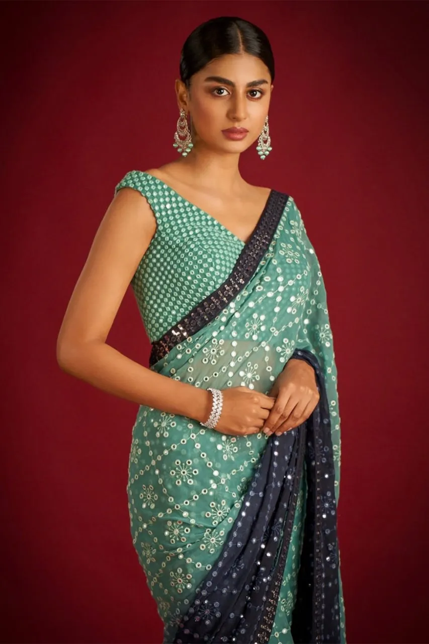 Green Faux Georgette Saree with Heavy Banglory Silk Blouse