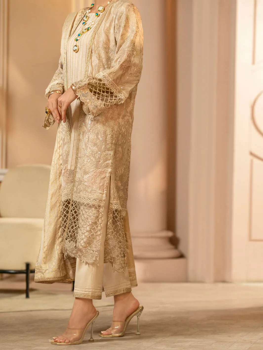 Light Brown Chiffon 3 Piece Formal Unstitched - AL-3PS-LS-UN-423