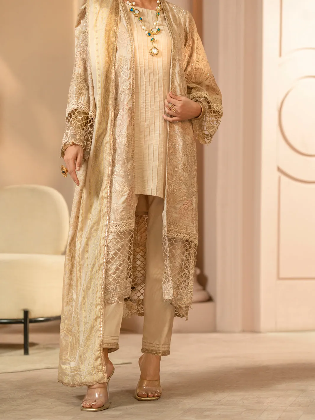 Light Brown Chiffon 3 Piece Formal Unstitched - AL-3PS-LS-UN-423