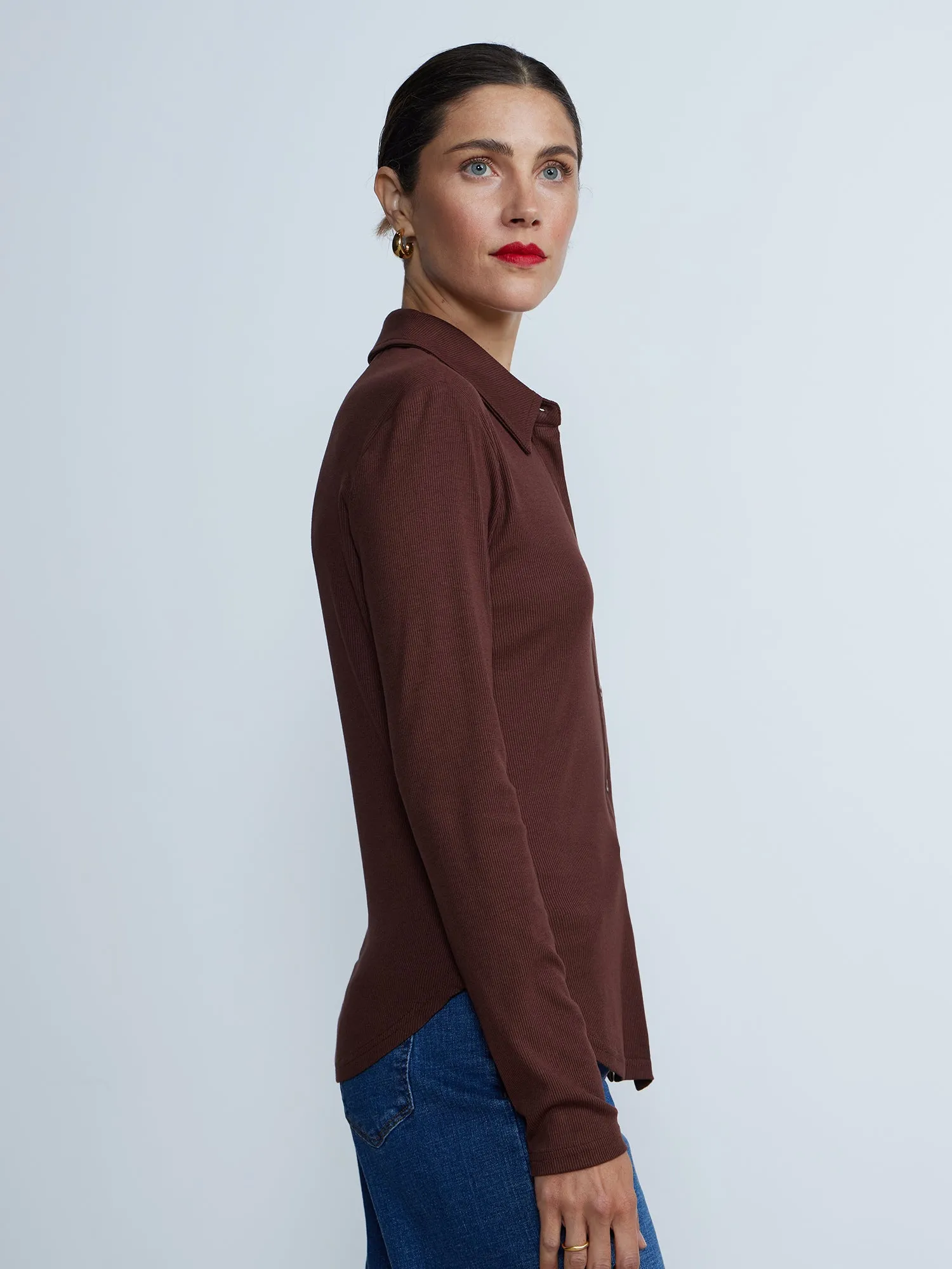 Long Sleeve Ribbed Knit Button-Front Shirt