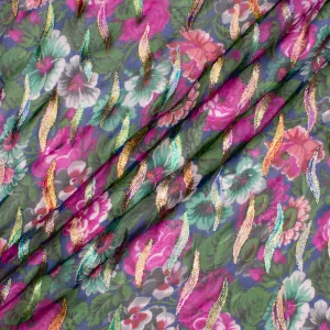 Magenta Floral Printed Blue Silk Metallic Georgette (A 2.3m Piece)