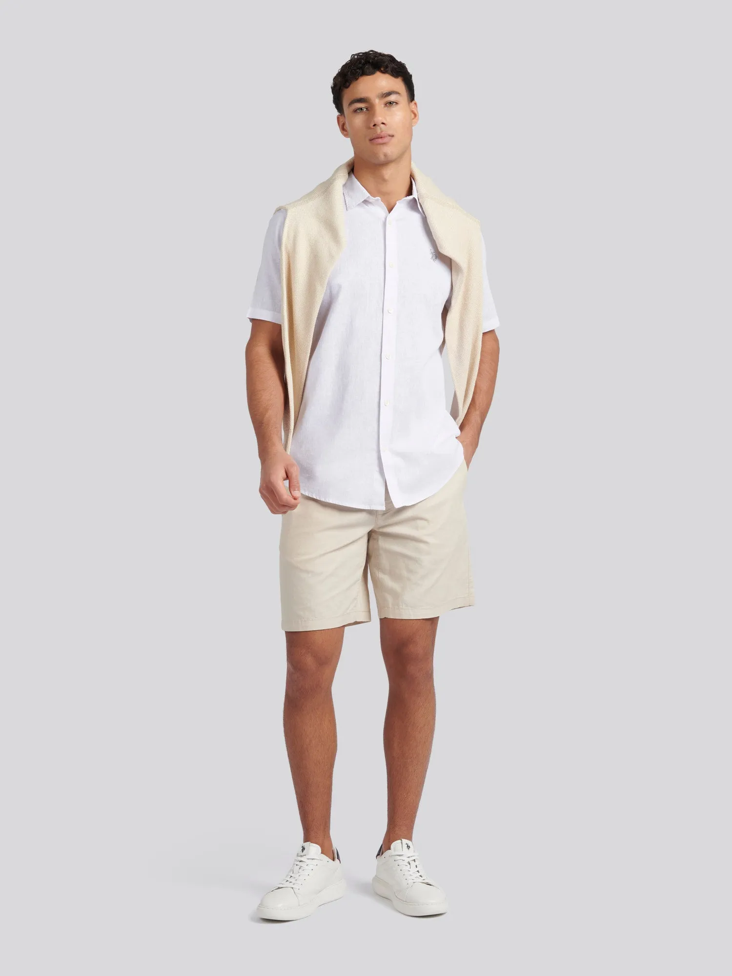 Mens Linen Blend Short Sleeve Shirt in White / Harbour Mist DHM