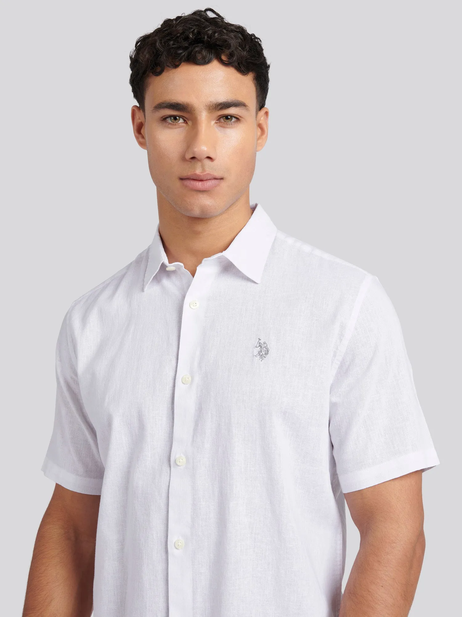Mens Linen Blend Short Sleeve Shirt in White / Harbour Mist DHM