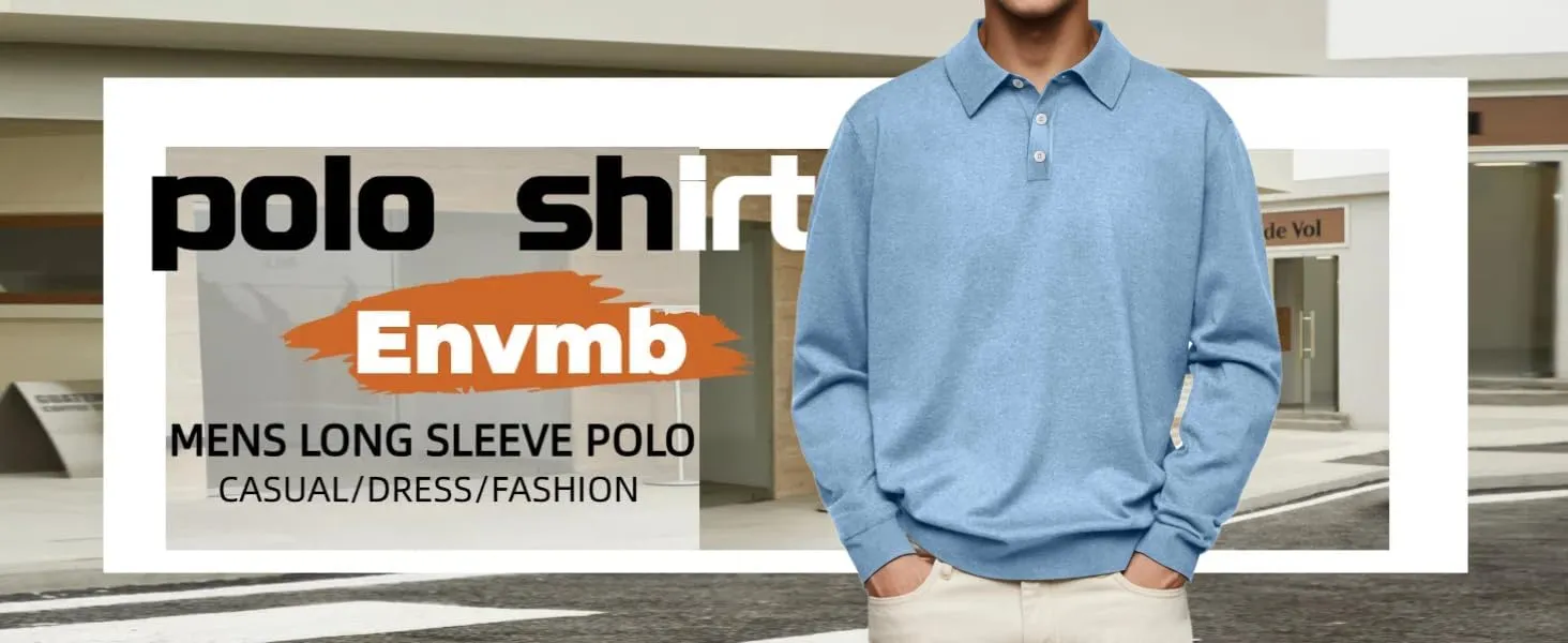 Mens Polo Shirts Casual Long Sleeve Button Classic Cotton Shirt Fashion Basic Collared Work Golf T-Shirts