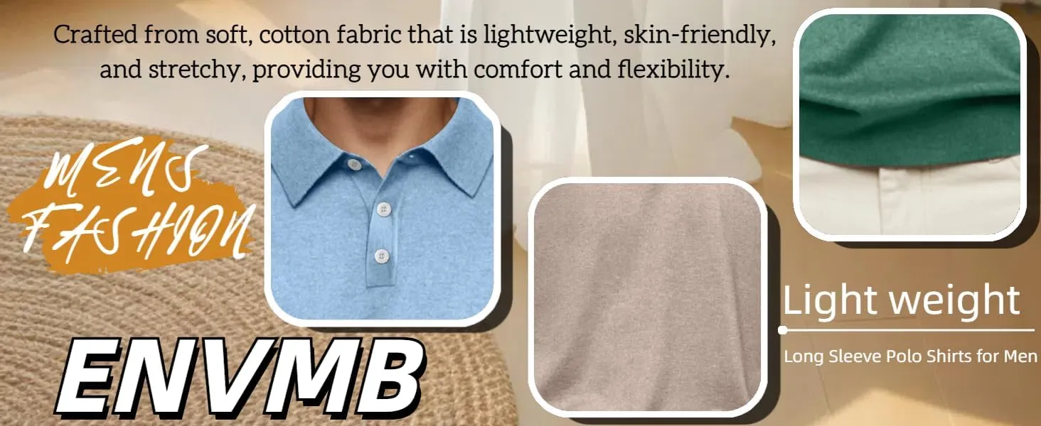 Mens Polo Shirts Casual Long Sleeve Button Classic Cotton Shirt Fashion Basic Collared Work Golf T-Shirts