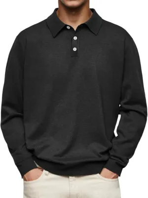 Mens Polo Shirts Casual Long Sleeve Button Classic Cotton Shirt Fashion Basic Collared Work Golf T-Shirts