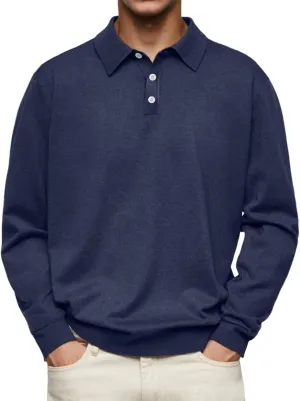 Mens Polo Shirts Casual Long Sleeve Button Classic Cotton Shirt Fashion Basic Collared Work Golf T-Shirts