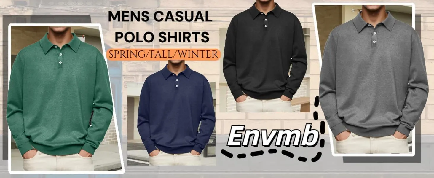 Mens Polo Shirts Casual Long Sleeve Button Classic Cotton Shirt Fashion Basic Collared Work Golf T-Shirts