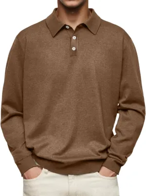 Mens Polo Shirts Casual Long Sleeve Button Classic Cotton Shirt Fashion Basic Collared Work Golf T-Shirts