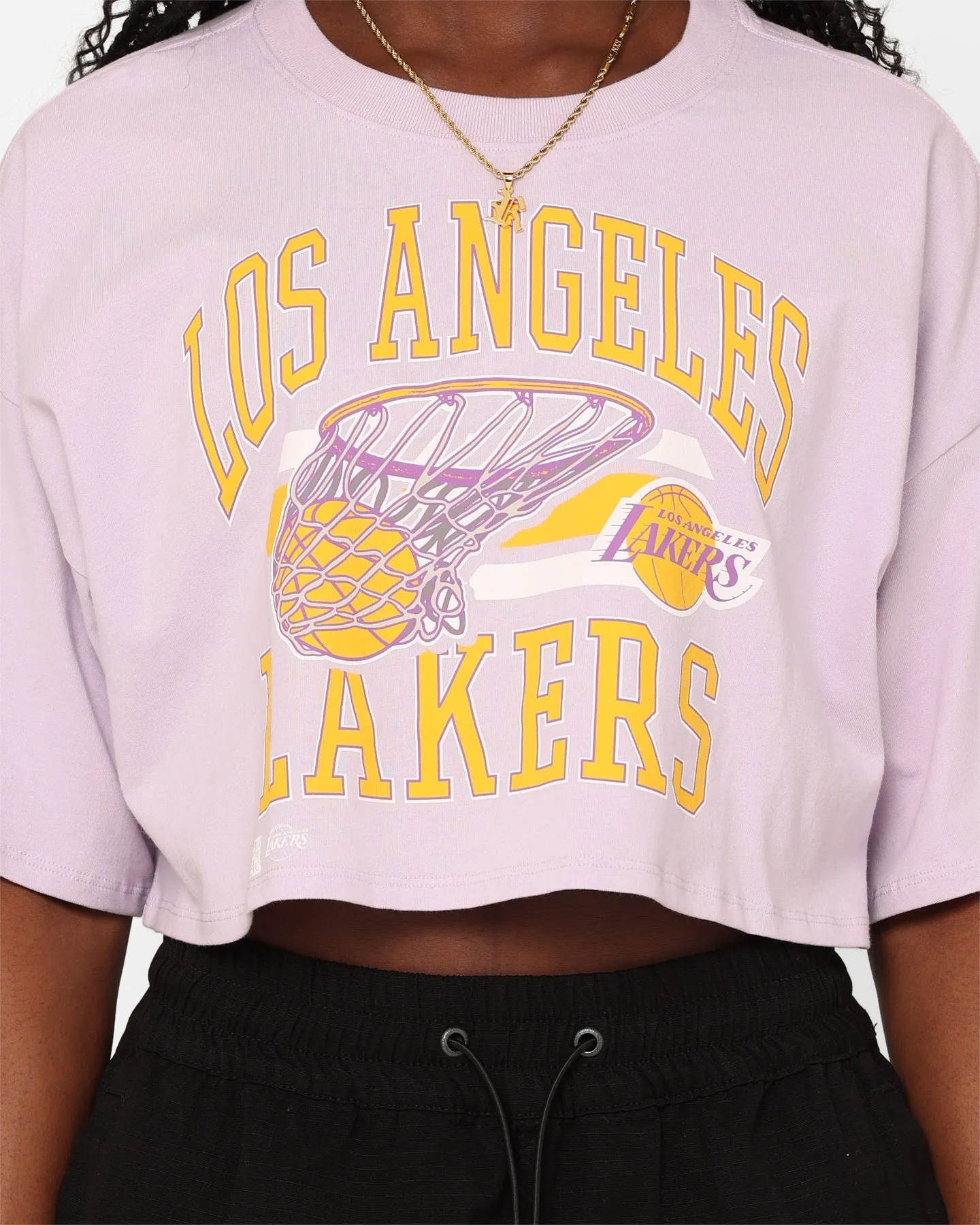 Mitchell & Ness Women's Los Angeles Lakers Dunk Arch Cut Off Crop T-Shirt Lavender